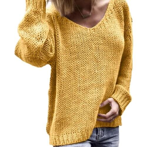 Wholesales Casual Women Loose V Neck Long Sleeve Sweater Solid Color Knitted Jumper Top