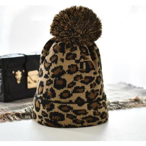 OZyc Dropshipping Leopard Printed Ball Hats For Women Winter Warm Knitted Caps Pompoms Fur Hat Fashion Ladies Beanies