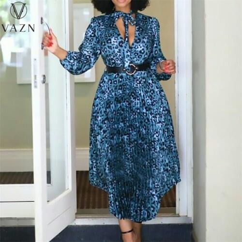 VAZN 2021 INS Grown Elegant A-line Ladies Open Full Dress Sexy Club Print Young Women High Waist Thin Dress