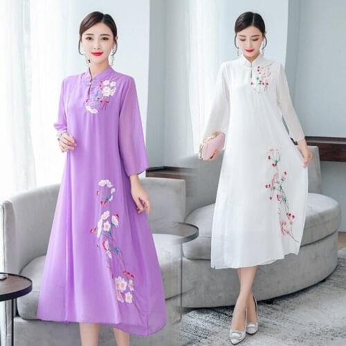 2021 Summer Womens New Fashion Large Size Embroidered Chinese Style Loose Thin Ethnic Style Retro Sleeve Dress s395