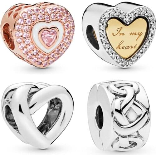 QANDOCCI Rose Hearts On Hearts Shine In My Heart Knotted Love Heart Clip Beads Fit Pandora Bracelet 925 Sterling Silver Jewelry