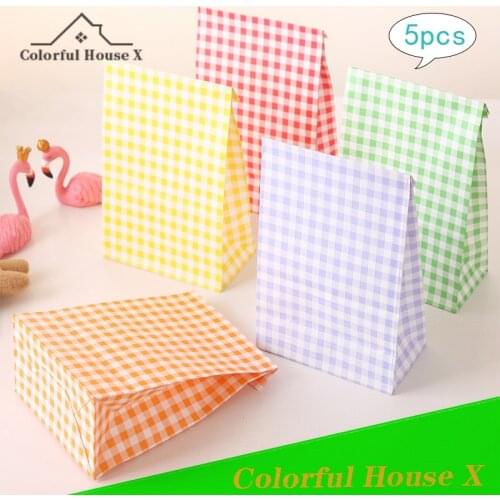 5Pcs Simple Korean Style Color Plaid High Capacity Collapsible Gift Bag Candy Sundries Storage Paper Bag Pendulum Flower Boxes