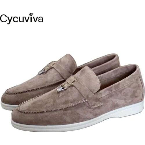 High Qulaity Summer Walk Shoes Men Black Kidsuede Loafers Male Metal Lock Mules Comfortable Outwear Flat Casual Shoes For Men