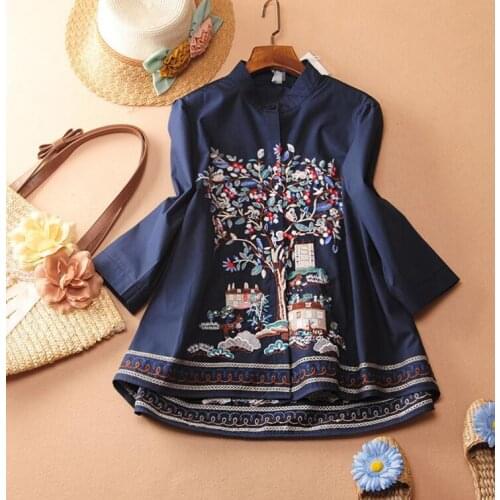 Womens Spring autumn A-Line embroidery Shirt Female Vintage National Loose Casual plus size cotton Shirt Blouse TB968