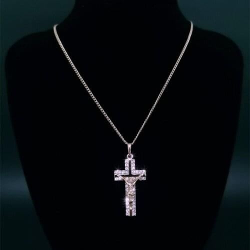 Vintage Zirconia Gilded Jesus Cross Pendant Necklace Unisex 3D Copper Neck Chain For Priest Christian Jewelry Naszyjnik Collier