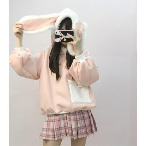 Super Cute Rabbit Ear Womens Hooded Pullover Winter Fall Long Sleeve Pink Hoodie Cashmere Sweatshirt Girls 2018 Autumn