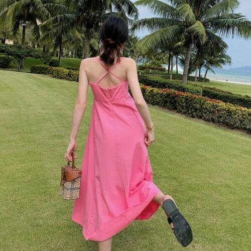 2021 Summer Women New Square Neck Sleeveless Backless Casual Loose Elegant Long Pink Loose Beach Maxi Dress