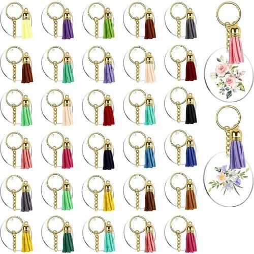 128Pcs Acrylic Keychain Blanks Clear Circle Discs Key Chain 2 Inch Tassel Pendant Keyring for DIY Projects and Crafts