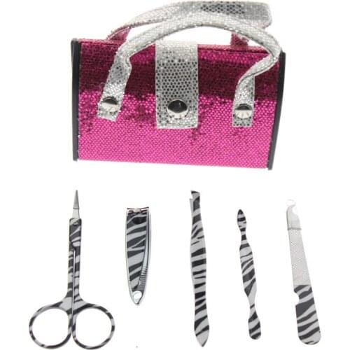 5Pcs/Set Handbag Shape Pink Glitter Manicure Set Include Nail File Cuticle Corrector Nail Scissor Tweezer Nail Clipper