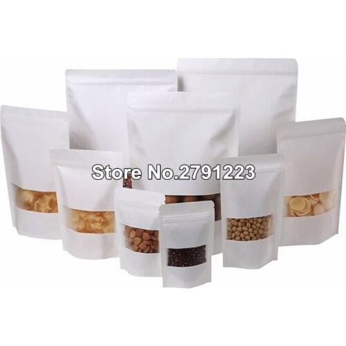 50pcs white kraft paper bags stand up Zipper/zip lock candy tea dried fruit gift packaging Moisture-proof open window pouches