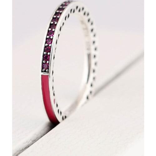 Authentic S925 Ring Radiant Hearts Ring for Women Clear CZ Crystal Lady Jewelry Red Enamel