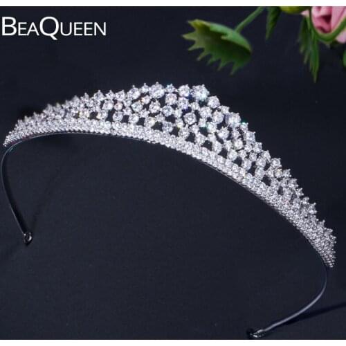BeaQueen Sparkling Full Cubic Zirconia Crystal Queen Tiaras Crown Big Bridal Hairbands Headpiece Wedding Hair Accessories H007