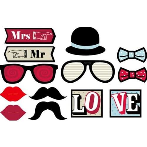 Free shipping 10bags wedding party phto booth props favors of 13pcs/bag paper Mr. & Mrs. LOVE red lips props supplies