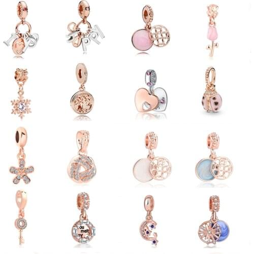 2020 new free shipping 4pcs rose gold i love you happy snowflake family tree daisy key bead fit Pandora charms bracelet X081