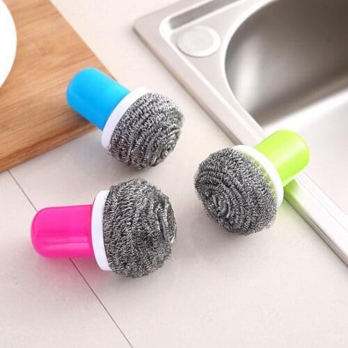 Household Color Dishwashing Brush Creative with Handle Steel Wire Ball Brush Kitchen Decontamination Cleaning Ball Pot Brush