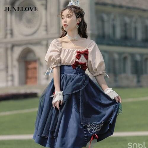 JuneLove 2021 Summer Vintage Kawaii Dress Women Patchwork Fairy Tale Party Dress Sweet Puff Sleeve Princess Lolita Ball Gown