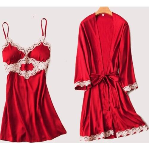 Daeyard Womens Pajamas Autumn New Silk Robe And Gown Sets Sexy Lace Backless Pijamas 2Pcs Sleepwear Nightwear Home Clothes