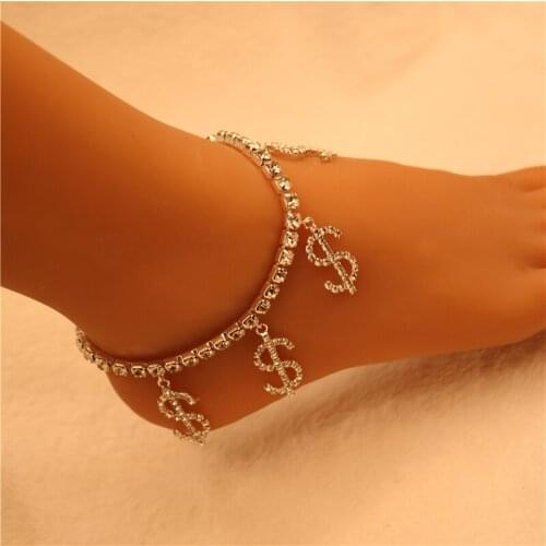 Fashion body chain anklet design shiny rhinestone dollar sign anklets for womens swimwear party foot chain summer jewelry