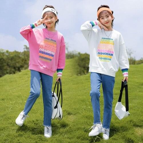 Girls Fashion Printed Sweatshirt Jeans 2pcs Clothing Sets Spring Autumn Children Sport Clothes Set Teen Kids Tracksuits 4-12 Yrs