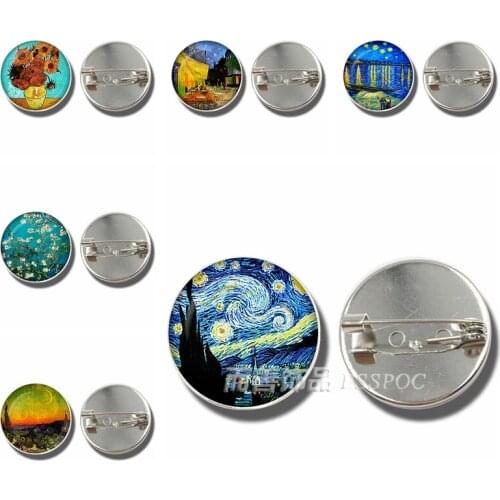 Van Gogh Oil Glass Convex Dome School Bag Clothes Brooch Starry Night Jewelry Sunflower Fashion Pendant Men Women Gift