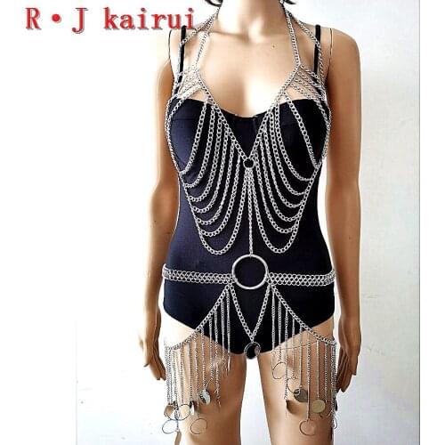 New Fashion Style RJ07 Silver Chains Round Piece Neck Bra Top&Waist Belly Chains Unique Design Bra Chains Jewelry Set