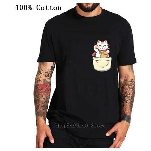 New Men Cat Bitcoin Lucky Maneki Neko T-Shirt Cotton Plus Size Kitty Tee Pocket Cartoon Short Sleeve T Shirt Funny Kitten Tshirt