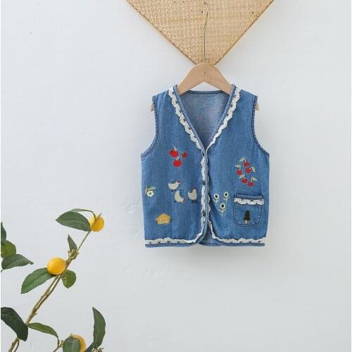 New Girls' Retro Japanese Embroidered Vest Baby Childrens Cotton Lace Denim Vest Waistcoat Jacket