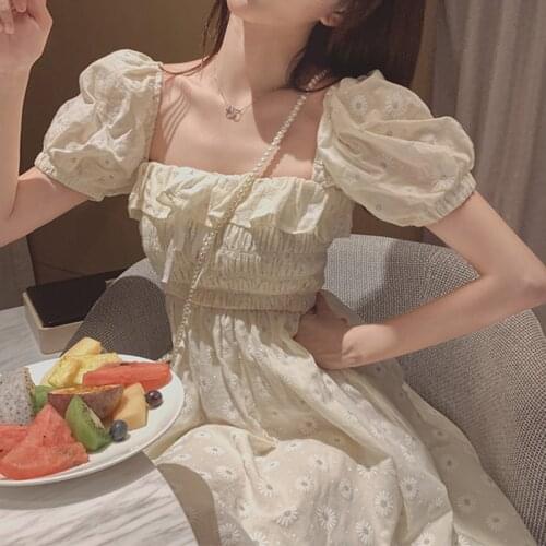 French Summer Sexy Dress Women Beige Puff Sleeve Korean Style Fairy Vintage Dress Lace Japan Style Kawaii Elegant Vestidos 2021