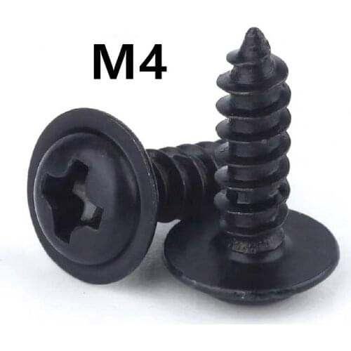 200PCS M4x6/8/10/12/16/20mm Round Head Carbon Steel PWA Screws Self-tapping Screws Black Padded