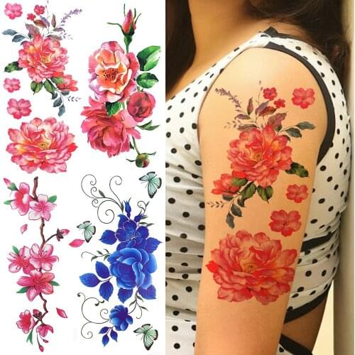 Sexy Flower Temporary Tattoos For Women Adults Dahlia Orchid Cherry Peony Tattoo Sticker Branch Fake Watercolor 3D Tatoos Paper