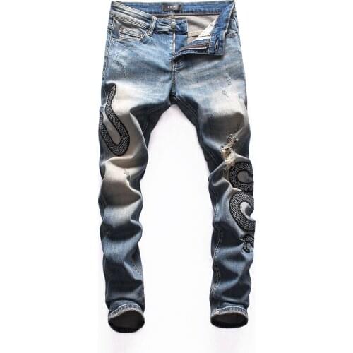 SEVEYFAN 2021 Mens Snake Embroidery Jeans Vintage Ripped Slim fit Denim Pants for Male