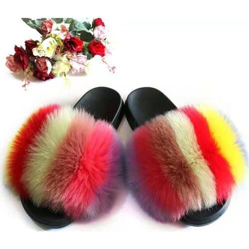 Fur Slippers Real Fox Hair Fluffy Cute Plush Plush Ladies Flip Flops Summer Outdoor Wear-Resistant Comfortable Flat Sandals