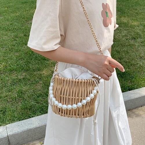 Straw Shoulder Bag Straw Crossbody Bag Casual Beach Straw Handmade Bag Beading Chain for Women Handbag Purse