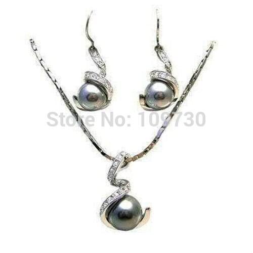 Jewelry 00903 12MM black pearl pendant necklace earring set (A0423)