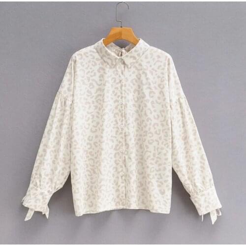 Woman Leopard Print Back bow Loose Shirt Femme Long sleeve Blouse Casual Lady Tops Smock Blusas S8008