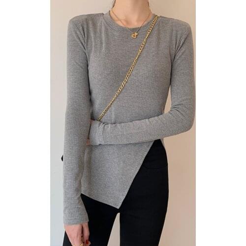 Autumn Gray Elasticity Knitted T-shirt Women Long Sleeve O Neck Korean Fashion Casual Basic Woman Tops Split Tee Shirt Femme