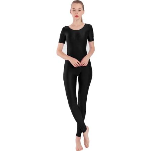 AOYLISEY Women Black Short Sleeve Unitard One-Piece Spandex Full Body Scoop Neck Spring Jumpsuit Men for Adult Zentai Dance Wear