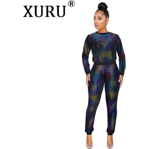 XURU Nightclub Womens Sexy Sequins Jumpsuit Two-piece Long Sleeve Multicolor Autumn Long Jumpsuit Set
