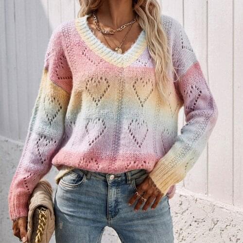 Autumn and Winter Womens Loose Plus Size Sweaters Rainbow V-neck Knit Pullover Acrylic Striped Long Sleeve Sweater 2021 New