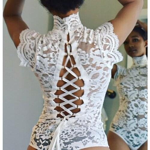 Womens Sexy Full Lace See-through Lingerie Cheongsam High Turtleneck Backless Hollow out Nightwear Underwear Erotic Bodysuits