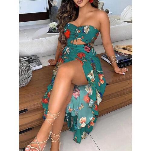 Bandeau Butterfly Print Cutout High Slit Dress Women Summer Dress