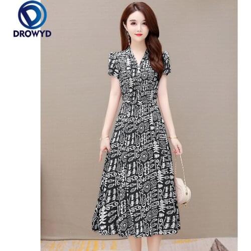 Fashion Elegant Women Dresses Summer Ladies V-Neck Short Sleeved Loose Floral Printed Dress Female Vintage Party Robe Vestidos