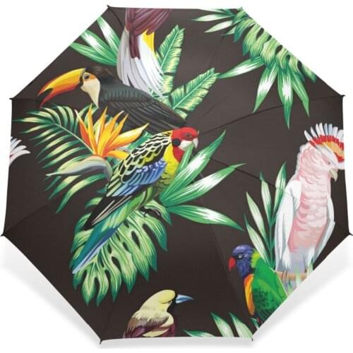 Three Folding Green Leaf Parakeet Print Umbrella Rain Women Automatic Windproof Sun Protection Umbrella Male Parapluie Parasol