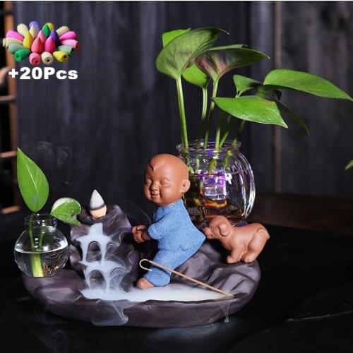 +20Incense Zen Led Windproof Waterfall Backflow Incense Burner Multi-function Landscape Ornament Hydroponics Green Plant Vase
