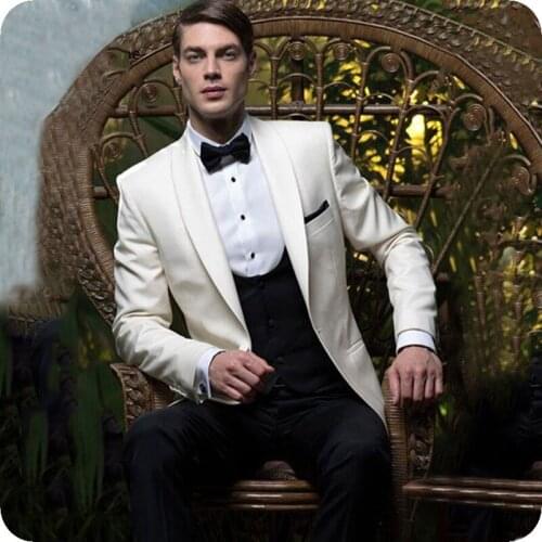 White Shawl Lapel Men Wedding Suits Tuxedos Slim Fit Terno Groom Wear 3 Pieces (Jacket+Pants+Vest) Bridegroom Costume Homme Prom
