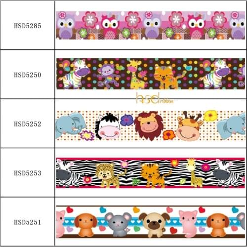 HSDRibbon Cartoon Animals series pattern heat transfer printed Grosgrain Ribbon 50Yards/Roll