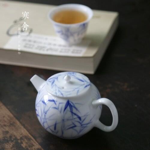 Chinese JIngdezhen pottery kungfu tea set small teapot household white porcelain hand-painted bamboo shadow single pot kettle