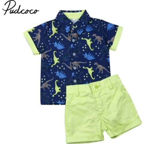 2PCS Children Sets Boys Turn-down Neck Dress Shirt and Denim Shorts Summer Casual Cartoon Dinosaur Cotton Kids Boy Clothes 1-5Y