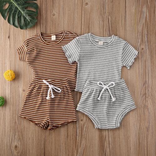 2Pcs Summer Baby Clothes Girls Boys Outfits Suit Toddler Striped Baby Set Cotton Casual Unisex Top+Short Pants Overalls Set