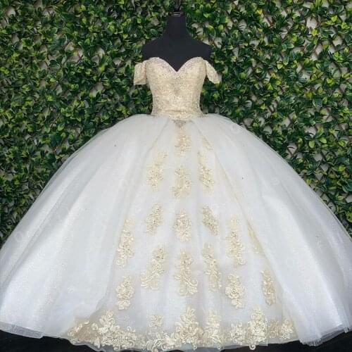 White Champagne Lace Ball Gown Quinceanera Dresses Off Shoulder Sweet 16 Dress Party Wear Bridal Boutique Princess Dress Xv Años